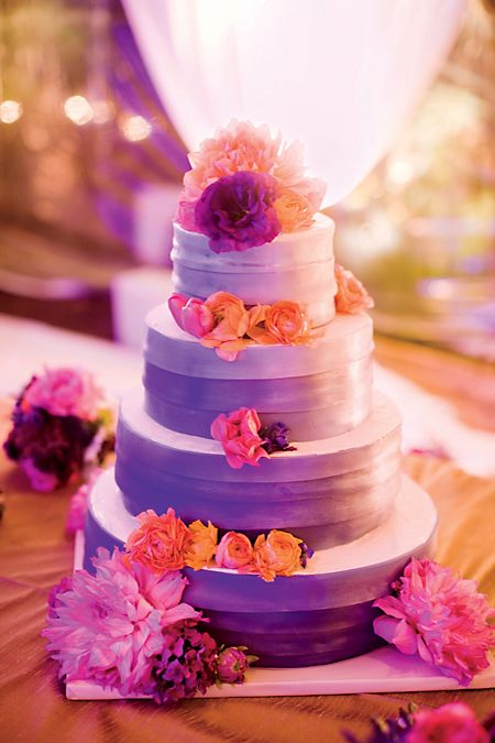 Lavender Tiered Cake with Pink and Orange Flowers | Modern Quinceaneras | Purple Birthday Cake | Quinceanera Cake Ideas Wedding Cake Purple Ombre, Wedding Cake Purple Flowers, Wedding Cakes Purple, Orange Napkins, Cakes Purple, Lavender Ideas, Lavender Wedding Cake, Peacock Wedding Cake, Wedding Cake Fresh Flowers