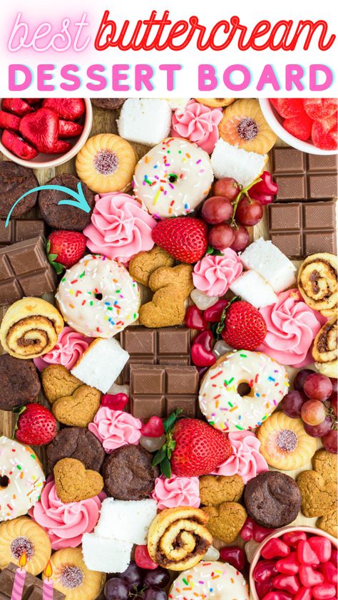 Learn how to make a beautiful buttercream dessert board with strawberries, donuts and more! This easy tutorial will show you everything you need to know. Butter Cream Charcuterie Board, Buttercream Dessert Board, Buttercream Charcuterie Board Ideas, Buttercream Board Charcuterie, Buttercream Charcuterie Board, Buttercream Board Ideas, Platter Meals, Buttercream Boards, Desert Charcuterie