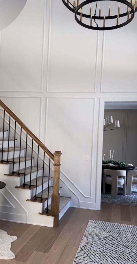 Wayne Scotting, Board And Batten Staircase, Foyer Floors, Stair Panelling, Staircase Wall Design, Stairway Wall, Wall Molding Design, Stair Paneling, Gallery Wall Staircase