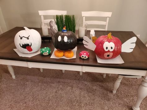 Villains of Mario Pumpkin decorating Pumpkin Painting Ideas Super Mario, Mario Brothers Pumpkin Painting, Yoshi Pumpkin Painting, Mario Bros Pumpkin Painting, Mario Pumpkin Decorating, Princess Peach Pumpkin Painting, Mario Kart Pumpkin, Mario Painted Pumpkin, Super Mario Pumpkin Painting