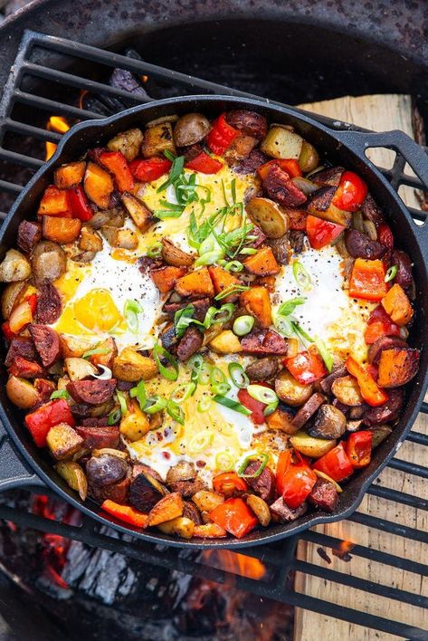 Maple Chorizo Breakfast Skillet - Delish.com Campfire Cinnamon Rolls, Breakfast Skillets, Camping Food Recipes, Guest Recipes, Campfire Breakfast, Chorizo Breakfast, Camp Meals, Camp Recipes, Campfire Desserts