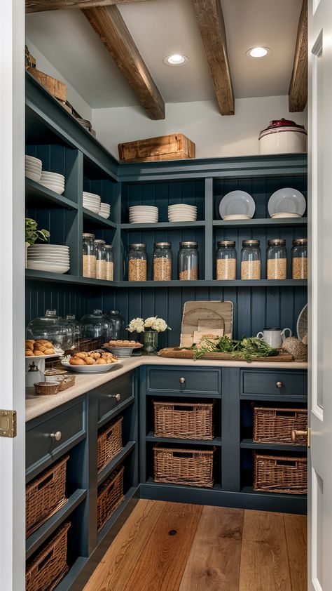 Unleash your creativity with chic home decor ideas and inspiring trends. Our collection includes everything from modern styles to sophisticated updates. Start decorating now! #ChicDecor #HomeTrends #ElegantDesign Blue Pantry Shelves, Pantry Blue Kitchen, Navy Blue Kitchen Cabinets Boho, Navy Blue Butlers Pantry, Pantry Blue, Blue Pantry, Chic Home Decor Ideas, Painted Pantry, Pantry Design