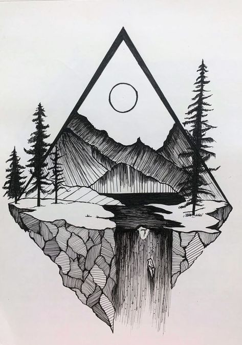 Drawing Ideas Mountains, Pen Art Drawings Simple, Galaxy Art Drawing, Unipin Drawing, Pen Art Nature, Pen Art Simple, Pen Art Easy, Geometric Mountain Art, Cool Line Art