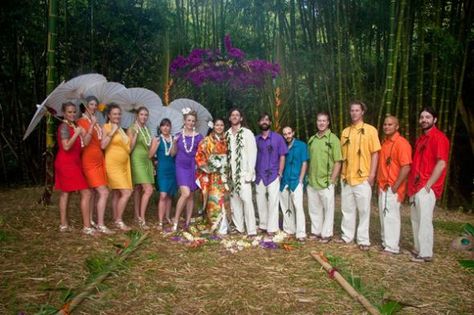 What a colorful bridal party! Rainbow Themed Wedding, Wedding With Bridesmaids, Bridesmaids In White, Rainbow Bridesmaids, Bunny Wedding, Rainbow Wedding Theme, Rainbow Wedding Dress, Grooms Men, Beach Themed Wedding