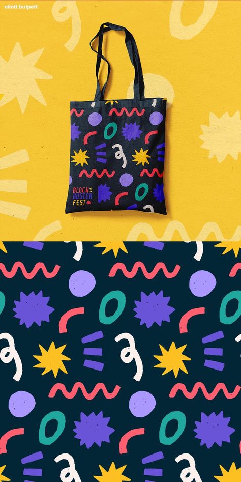 Branding pattern and tote bag design for Blockbuster Festival by Eliott Bulpett. Fun and colourful shapes and colours with a repeating pattern design. Fun Colorful Branding, Festival Design Branding, Supergraphics Branding, Crochet Branding, Kids Package Design, Branding Pattern, Festival Branding, Merchandise Designs, Repeating Pattern Design