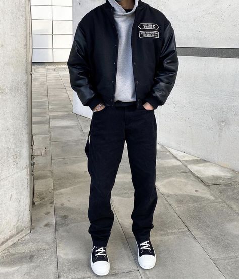 Black Varsity Jacket Outfit, Varsity Jacket Outfit Mens, Bangkok Outfit, Black Varsity Jacket, Mens Clothing Trends, Varsity Jacket Outfit, Boys Winter Clothes, Outfits Men Streetwear, Spring Outfits Men