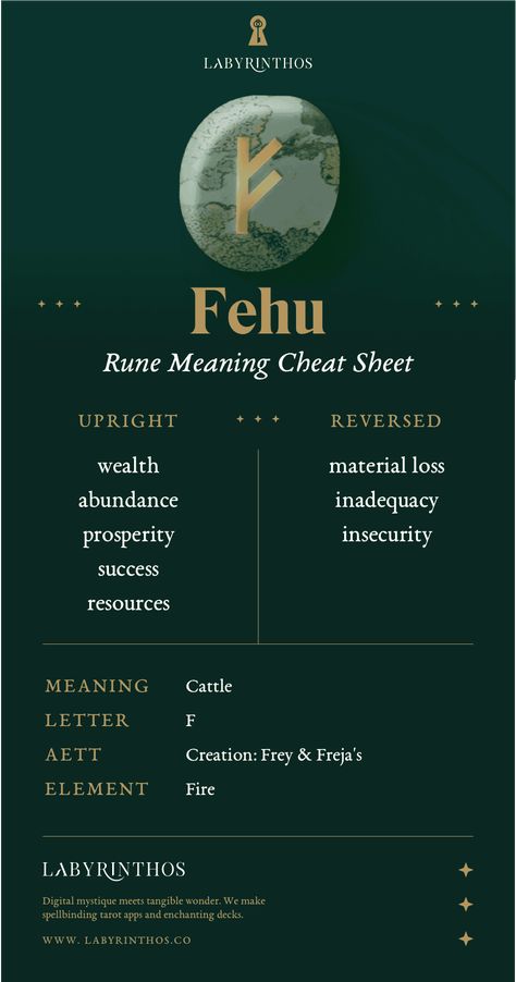 Fehu Rune Meaning: Wealth – Labyrinthos Norse Runes Meanings, Fehu Rune, Golden Thread Tarot, Norse Alphabet, Ace Of Wands, Runes Meaning, Rune Stones, Tarot Meanings, Online Tarot