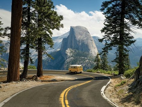 VW Camper Driving with a Beautiful View of Half Dome Yosemite National Park California Chris Burkard - Photorator California Landscape Photography, Yosemite Pictures, Half Dome Yosemite, National Parks Photography, California National Parks, Mountain Road, Camping Experience, Zion National Park, Camping Meals