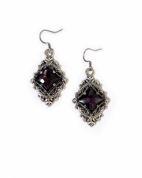 "These richly detailed antiqued silver plated filigree earrings, are adorned with dazzling DARK AMETHYST PURPLE glass rhinestones that perfectly accentuate a larger jewel in the center of each. Earrings measure 2\" tall, including stainless steel earring hooks, and are 1\" wide. Listing is for earrings ONLY. Matching necklace is available in our store. These are available in a variety of stone colors in our store, along with matching necklaces. If you don't see something available in a stone col Antique Silver Earrings, 1920's Style, Dark Amethyst, Earrings Gothic, Choker Pendant, Purple Jewelry, Purple Earrings, Filigree Earrings, Violet Purple