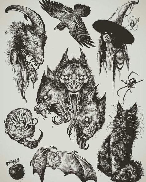 Demonic Tattoos, Halloween Sketches, Flash Art Tattoos, Kunst Tattoos, Witch Tattoo, Tattoo Zeichnungen, Creepy Tattoos, Spooky Tattoos, Geniale Tattoos