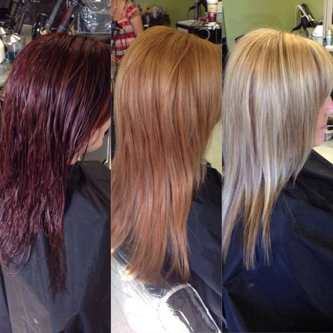 Before middle and after! Red to blonde hair by Trisha Changing Hair Color From Red To Brown, Hair Colors After Red, Red To Blonde Hair Transformation, Transition From Red To Blonde Hair, Red To Blonde Transition, Blonde To Burgundy Before And After, From Red To Blonde Hair Before And After, Red To Blonde Hair Before And After, Red To Blonde Hair