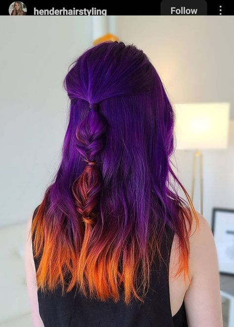 Vivid Colour Hair, Sun Set Hair Color, Halloween Hair Inspiration, Fun Colors For Dark Hair, How To Split Dye Hair, Villan Era Hair, Vivid Color Balayage, Cooper And Purple Hair, Purple Ombre Hair Color