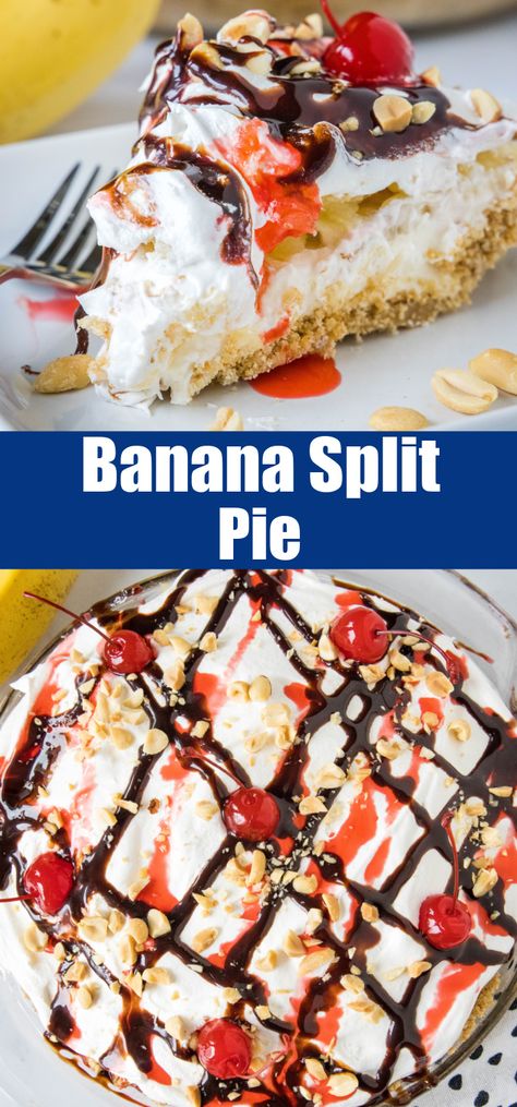 Banana split pie is a cool and creamy no-bake dessert that you can make in 20 minutes. Filled with whipped cream, bananas, and pineapple! #bananasplit #pie #dessert Banana Cream Dessert Recipes, Banana Split Pie Recipe, Banana Split Pie No Bake, Banana Split Dessert Recipes, Dessert List, Banana Split Pie, Banana Split Cake, Banana Split Dessert, Favorite Pie Recipes