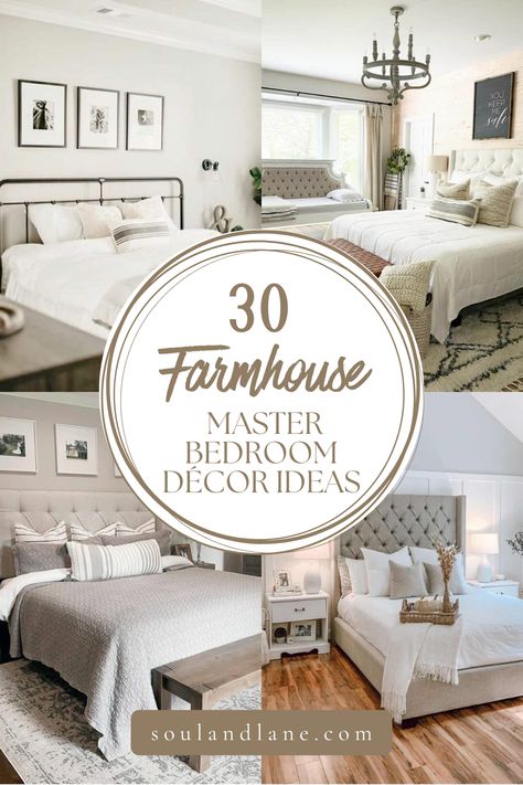 Dive into the heartwarming charm of farmhouse decor with creative ideas to transform your master bedroom into a rustic retreat. Imagine a space where vintage meets comfort, featuring weathered wood, soft linens, and antique finds. Learn how to blend these elements with modern comforts to create a cozy, inviting bedroom that feels both timeless and tailored. From statement barn doors to quilted throws, discover the key pieces that will bring your farmhouse vision to life. Farmhouse Master Suite Ideas, Farmhouse Room Bedrooms, Farmhouse Master Bedrooms Decor, Transitional Bedroom Ideas, Quilted Throws, French Country Rug, Warm Wood Flooring, White Wall Paint, White Bedspreads