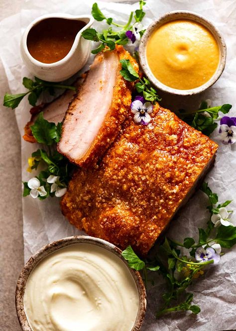 Overhead photo of Slow Roasted Crispy Pork Belly Crispy Pork Belly Plating, Slow Cooked Pork Belly, Pork Belly Photography, Pork Floss Recipe, Chinese Christmas Food, Pork Belly Plating, Pork Belly Dipping Sauce, Pork Belly Appetizer, Roasted Pork Belly