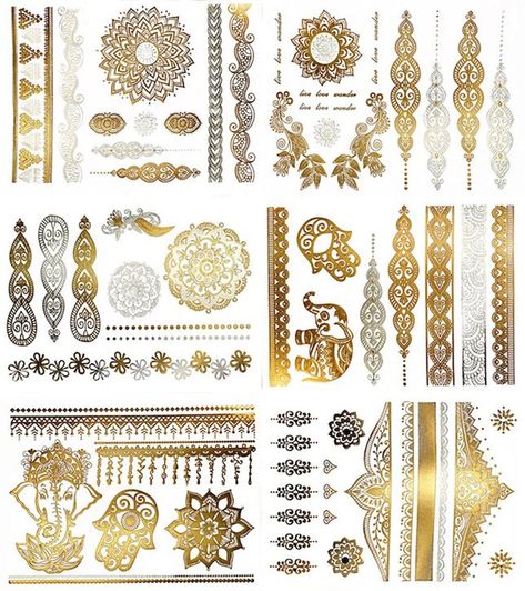 Terra Tattoos Metallic Henna Temporary Tats Mehndi Mandala, Flash Tatoos, Gold Henna, Bands Bracelets, Henna Mandala, Metallic Tattoo Temporary, Henna Tattoo Kit, Mandala Boho, Gold Tattoo