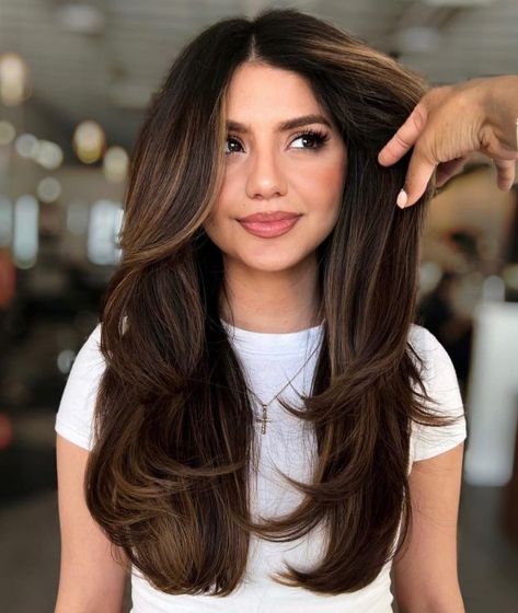 Straight Brunette Hair with Layers and Caramel Highlights Caramel Balayage Straight Hair, Caramel Highlights On Dark Hair, Medium Balayage Hair, Dark Brunette Balayage Hair, Dark Brunette Balayage, Straight Brunette Hair, Balayage Straight, Balayage Straight Hair, Black Hair Balayage