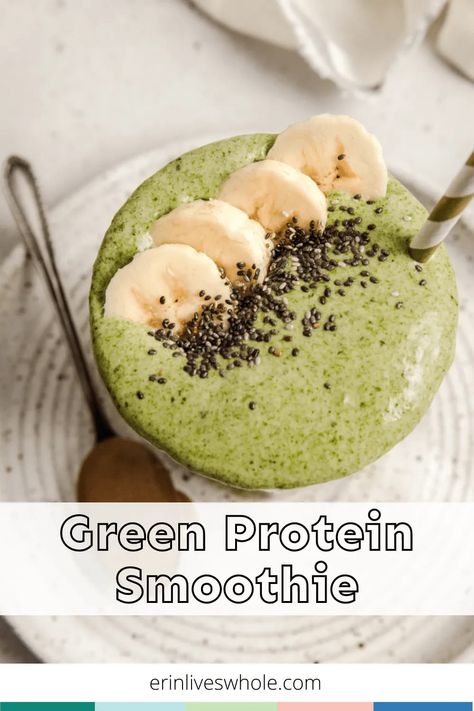 Start your day or refresh and cool down with a Green Protein Smoothie. Made with a banana, peanut butter, and chia seeds, it's the perfect breakfast or post-workout snack! GF, DF, V, VG Green Protein Smoothie, Dairy Free Recipes Easy, Banana Peanut Butter, Protein Shake Smoothie, Smoothies Recipes, Healthy Breakfast Recipes Easy, Easy Drink Recipes, Healthy Drink, Juice Recipes