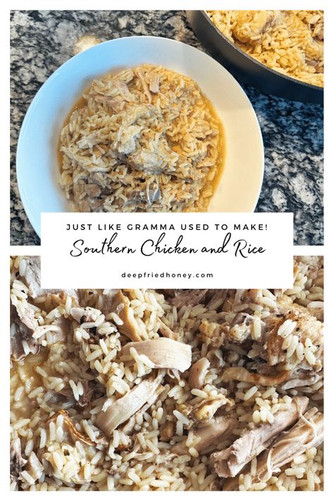 Some old-fashioned recipes need no updating and this Southern Chicken and Rice is one of them. It's just like gramma used to make! Perlo Rice Recipe Southern, Grandma Chicken And Rice, Smoked Chicken And Rice, Old Fashion Chicken And Rice Recipes, Chicken And Rice Old Fashioned, East Chicken And Rice Recipes, Southern Style Stewed Chicken And Rice, Chicken And Rice Recipes Southern, Southern Style Chicken And Rice