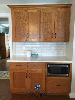 Backsplash Ideas For Maple Cabinets, Countertop Ideas For Wood Cabinets, White Backsplash Oak Cabinets, Tile Backsplash With Oak Cabinets, White Backsplash Kitchen Wood Cabinets, Staining Oak Cabinets, Kitchen Backslash, Painted Backsplash, Kylie M Interiors