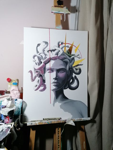 Medusa Pop Art, Medusa Acrylic Painting, Statue Painting Acrylic, Medusa Painting, Medusa Artwork, Medusa Drawing, Medusa Art, Abstract Art Painting Techniques, Street Painting