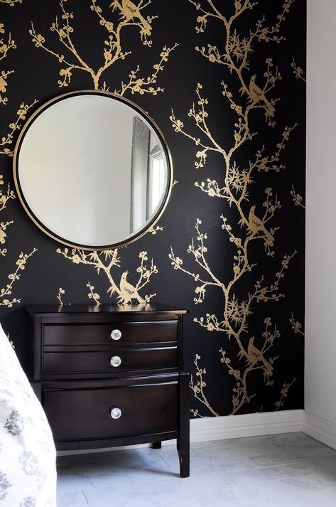 ORC Week 2: Tempaper - Bird Watching Black and Gold by Cynthia Rowley applied to a bedroom focal wall! Black And Gold Bedroom, Black Wallpaper Bedroom, Black Gold Bedroom, Hanging Mirrors, Wooden Bed Design, Bed Design Modern, Gold Bedroom, Accent Wall Bedroom, Temporary Wallpaper