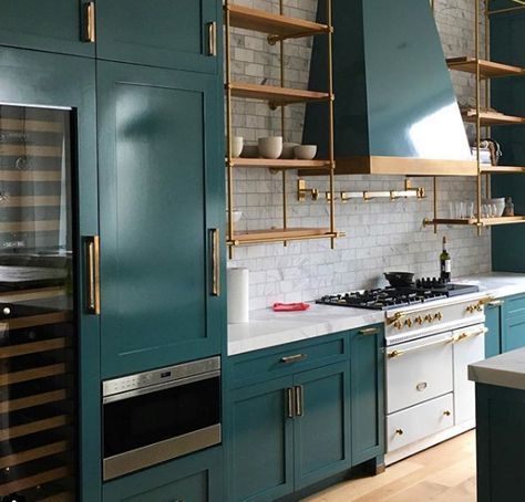 You'll Love These 7 Sophisticated Kitchens in Every Color of the RainbowStudio Dearborn | Interior Design Teal Kitchen Cabinets, Teal Cabinets, Bold Kitchen, Colorful Kitchen Decor, Latest Kitchen Designs, Classic White Kitchen, Teal Kitchen, Kitchen Cabinet Colors, White Kitchen Cabinets