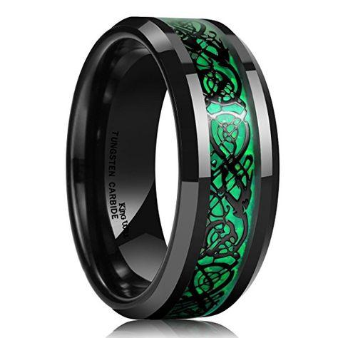 King Will DRAGON Men's 5mm Green Carbon Fiber Black Celtic Dragon Tungsten Carbide Ring Comfort Fit Wedding Band (4.5) Black Tungsten Carbide Ring, Carbon Fiber Rings, Comfort Fit Wedding Band, Celtic Dragon, Black Tungsten Rings, Black Wedding Band, Celtic Wedding Rings, Dragon Ring, Pattern Ring