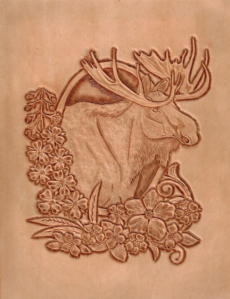 Tooled moose Deer Leather Tooling Pattern, Relief Wood Carving Patterns Templates, Leather Holster Pattern, Leather Patterns Templates, Carving Templates, Handmade Leather Work, Custom Leather Work, Leather Artist, Leather Patterns