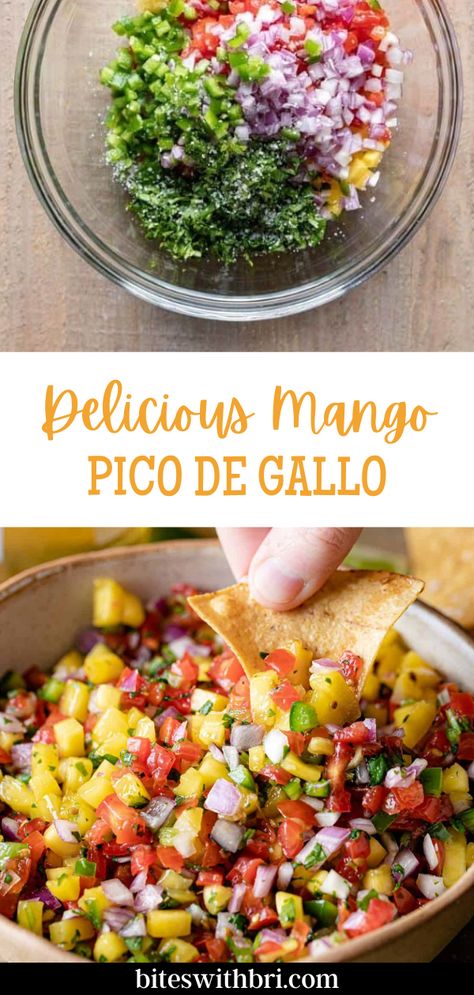 Delicious Mango Pico de Gallo is such a fun and unique pico de gallo recipe. This pico is ready in 10 minutes or less. The most time consuming part is prepping and chopping the vegetables. Serve it with chips, on tacos, salads, or bowls. This pico is perfect for summer time because it is light, fresh, cool, and requires no cooking. This dip is great to serve at a Super Bowl party as an appetizer. Pico is actually a type of salsa. Typically you think of salsa as blended. Types Of Salsa Recipes, Spicy Pico De Galo Recipes, Fun Salsa Recipe, Mango Pico De Galo Recipes, Best Pico De Gallo Recipe Ever, Pico De Galo Recipes, Bri Recipes, Pico Recipe, Mango Pico