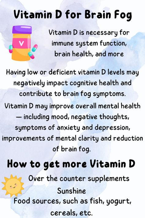 Vitamin D may help improve mental clarity and reduc brain fog or fibro fog. Follow Everyday with Erin for more fibromyalgia tips. 💜✨ #brainfog #fibrofog #vitamind #vitamins #mentalwellness #fibromyalgia #chronicillness #chronicfatiguesyndrome #invisibleillness Vitamins For Brain Fog, Brain Tumour Symptoms, Injectable Vitamins, Autoimmune Diet Plan, Brain Fog Remedies, Brain Fog Causes, Fibermyalgia Symptoms, Vitamin Charts, Fibro Fog