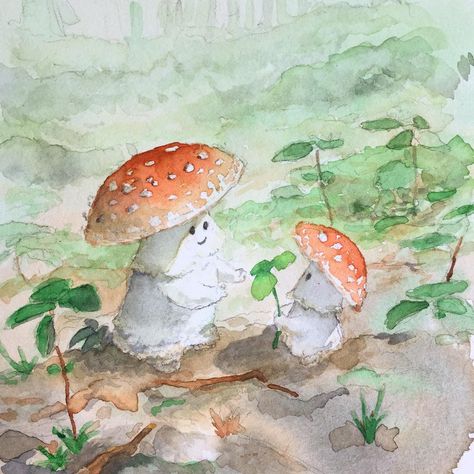 A pair of mushrooms 🍄 🍄, Me, Watercolors, 2019 : Art Arte Sketchbook, Arte Inspo, Mushroom Art, Art Collage Wall, 귀여운 동물, In The Woods, Pretty Art, Aesthetic Art, Collage Art