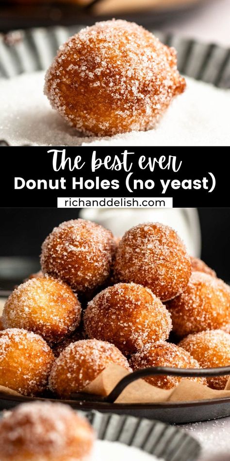 These no-yeast donut holes are soft and fluffy donuts that take minutes to whip up together, and are the most delicious donuts with minimum effort and time invested! Homemade Donut Holes Recipe Easy, Drop Donuts Recipes, Super Easy Snacks, Fried Donut Holes, Donut Recipe No Yeast, Air Fryer Donut Holes, Donut Hole Recipe Baked, Donut Holes Recipe, Holiday Recipes Christmas Desserts