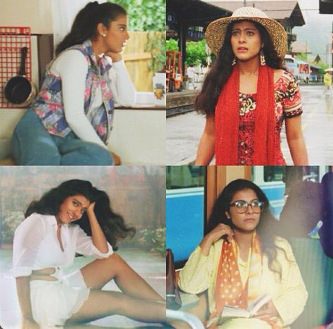 Kajol in DDLJ Ddlj Kajol Outfits, Kajol In 90s, Kajol Dilwale Dulhania Le Jayenge, Kajol Looks In Movies, Kajol Movies, Kajol In Ddlj, Shahrukh Khan And Kajol, 90s Bollywood Aesthetic, 90s Bollywood