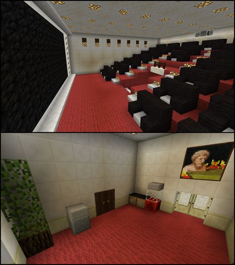 Minecraft Movie Theater Cinema Minecraft Movie Theater, Cinema Lobby, Minecraft Hus, Minecraft Movie, Minecraft Houses Interior, Minecraft Decoration, Cinema Theater, Rumah Minecraft Sederhana, Minecraft Mansion