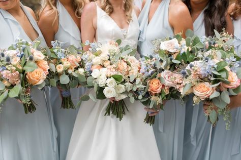 Peach And Blue Cascading Bouquet, Orange Blue White Wedding Flowers, Dusty Blue Sage Green Orange Wedding, Wedding Flowers Blue And Orange, Dusty Blue Peach And Sage Wedding, Peach Blue And Green Wedding, Blue Fall Wedding Flowers, Early Autumn Wedding, Subtle Fall Wedding