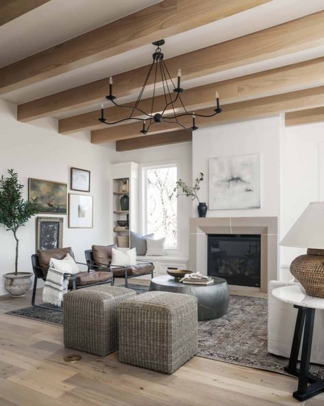 Beams Living Room, Living Room Ceiling, White Ceiling, Inviting Home, Exposed Beams, Exposed Wood, Wood Ceilings, Building A New Home, Wood Beams