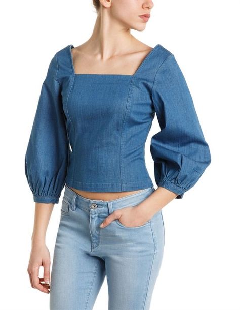 Denim Top Women, Top With Puff Sleeves, Denim Ideas, Miss Sixty, Denim Blouse, Recycled Denim, Refashion Clothes, Spring Summer 2016, Denim Outfit