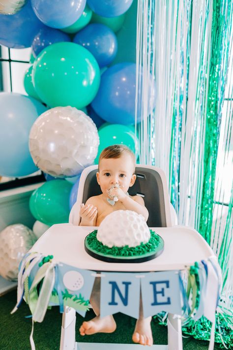 Golf First Birthday High Chair Banner, Hole In One Birthday Photoshoot, Golf Theme First Birthday Smash Cake, Hole In One Golf Cake, Golf Birthday One Year Old, Golf Themed 1st Birthday Cake, Hole In 1 First Birthday Cake, Smash Cake Golf Theme, Home In One Birthday