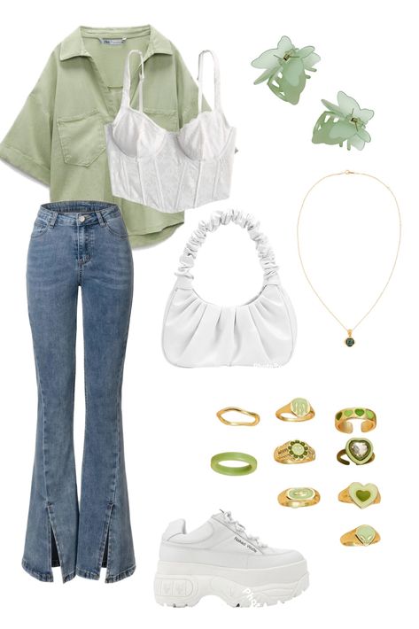 Pastel green button up over a white lace bralette. Chunky white boots. White purse. Green butterfly clips. Rings in different shades of green. Gold necklace with emerald. Outfit For Park Day Summer, Park Date Outfit Spring, Park Outfit Ideas Spring, Park Date Outfit Summer, Casual Park Day Outfit, Casual Green Outfit, Park Date Outfit, Park Date, Park Day