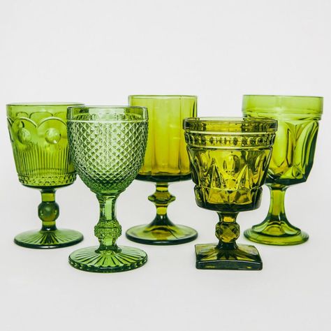 Green Cutlery, Vintage Goblets, Dining Ware, Green Glassware, Colored Glassware, Water Into Wine, Vintage Green Glass, Mason Jar Wine Glass, Event Rentals