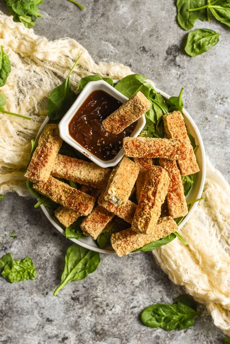 Crispy Baked Almond Crusted Tofu Sticks (Vegan GF) Almond Tofu, Crusted Tofu, Breaded Tofu, Active On Instagram, Back Of House, Gluten Free Bread Crumbs, Homemade Barbecue Sauce, Healthy Nuts, Almond Crusted