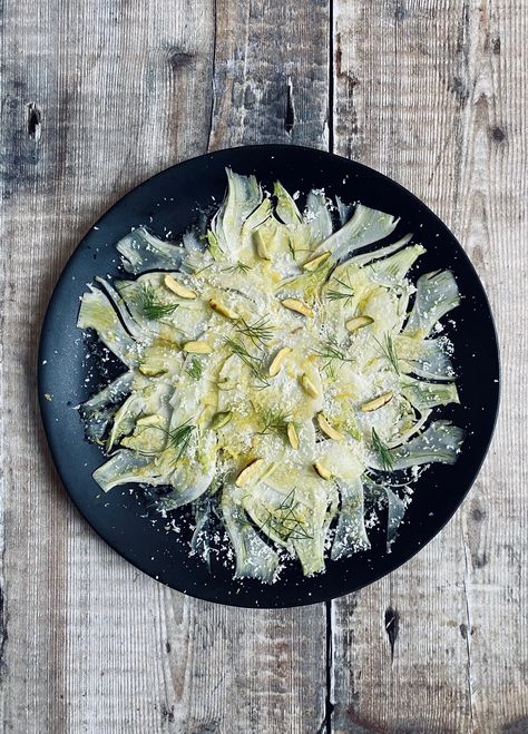 Fennel “Carpaccio” Salad – Plot & Lane Elegant Salads Dinner Parties, Salads Recipes With Fennel, Fennel Appetizer, Plated Appetizers, Raw Fennel Salad, Roast Fennel Salad, Fennel And Grapefruit Salad, Salad With Fennel, Health Meal Plan