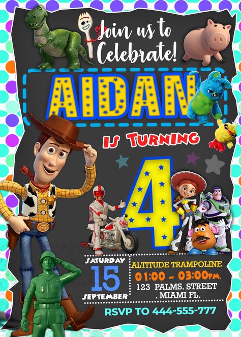 Toy Story 4 Birthday Party, Toy Story 4 Birthday, 4 Birthday Party, Trampoline Birthday Party, Toy Story Decorations, Spiderman Birthday Invitations, Birthday Party Locations, Toy Story Invitations, Toy Story Party Decorations