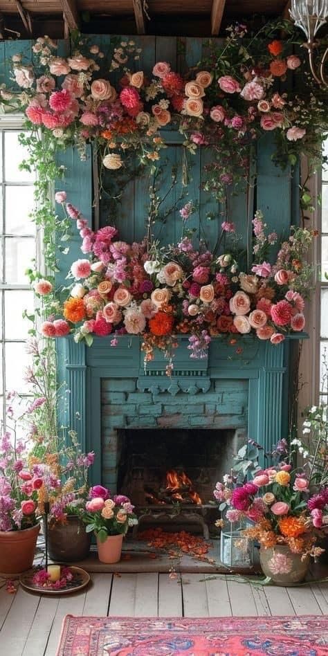 Ethereal Decor, Spring Mantel Decor, Spring Mantel Decorating Ideas, Dried Botanicals, Spring Mantel, Mantel Decorating Ideas, Ouija Planchette, Wallpaper Prints, Mantel Decor Ideas