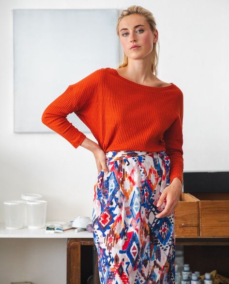 Introducing the Pia Pull Brick: A stylish and comfortable must-have for your wardrobe! With long sleeves, a boat neckline, lowered shoulder lines and terracotta rib cotton, it's a modern classic.⁠ ⁠ Complete the look by pairing it with our skirts in Ikat print. 🧡⁠ ⁠ #moncol #adaptyourstyle #slowfashion #sustainablefashion #fairfashion #fewerbetter #ethicalfashion #consciousfashion #ecofriendlyfashion #sustainablestyle #sustainableclothing #slowfashionstyle #ikkoopbelgisch #ss24 #newcollection Ikat Print, Skirt And Blouse, Conscious Fashion, Eco Friendly Fashion, Boat Neckline, Sustainable Clothing, Ethical Fashion, Summer Essentials, Wrap Skirt