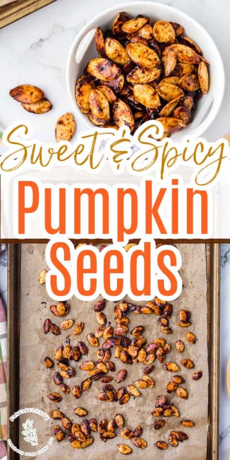 This sweet and spicy pumpkin seeds recipe is easy to make and delicious! They're roasted and the perfect way to use up seeds from your pumpkin carving or even just to make when buying seeds! Sweet And Spicy Pumpkin Seeds Recipe, Pumpkin Seed Recipes Sweet, Seasoned Pumpkin Seeds, Pumpkin Seed Recipes Roasted, Pumpkin Seed Recipe, Spicy Roasted Pumpkin Seeds, Roasted Squash Seeds, Spicy Pumpkin Seeds, Pumpkin Seeds Recipe