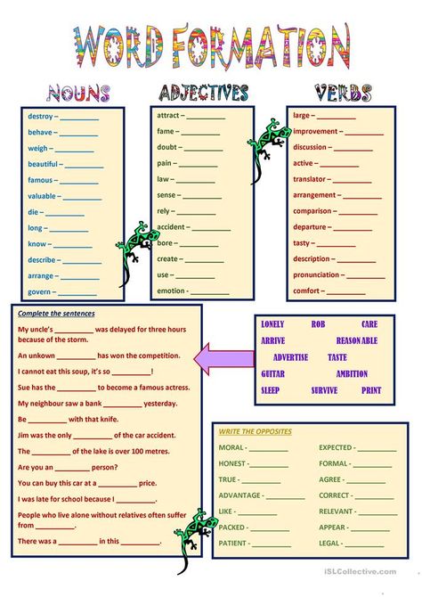 Word Formation - English ESL Worksheets for distance learning and physical classrooms English Alphabet Pronunciation, Word Formation, Learn English Speaking, Nouns And Adjectives, Teaching Vocabulary, Hindi Worksheets, Verb Worksheets, Word Form, Learn English Grammar