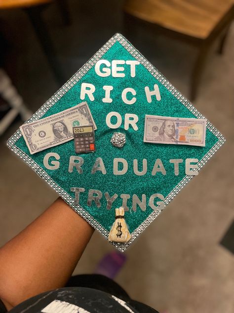 Creative Grad Cap Ideas, Custom Cap And Gown, Money Grad Cap, Rap Graduation Cap, Rapper Graduation Cap, High School Graduation Cap Designs For Guys, Graduation Caps Decoration, Business Graduation Cap, Senior Year Diy