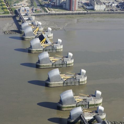 THAMES BARRIER | RIVER THAMES | LONDON | ENGLAND: *Operational Since: 1982; Officially Opened: 8 May 1984; Flood barrier protecting Central London from exceptionally high-tides and storm surges* Canal Lock, River Thames London, Thames Barrier, Steel Gates, Main Gates, Flood Prevention, Uk Places, Flood Barrier, London Sights